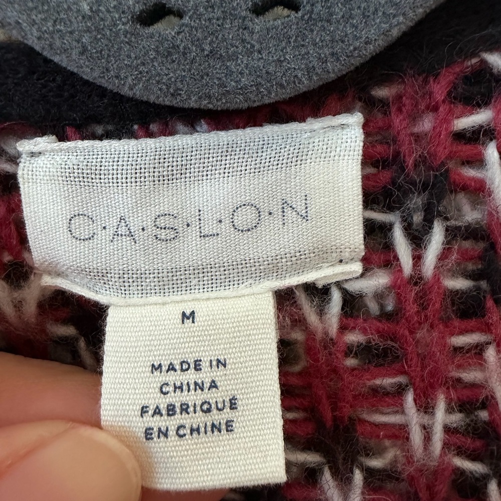 Caslon Wool Blend Patchwork Open Front Cardigan Sweater Medium Burgundy black - Picture 3 of 10
